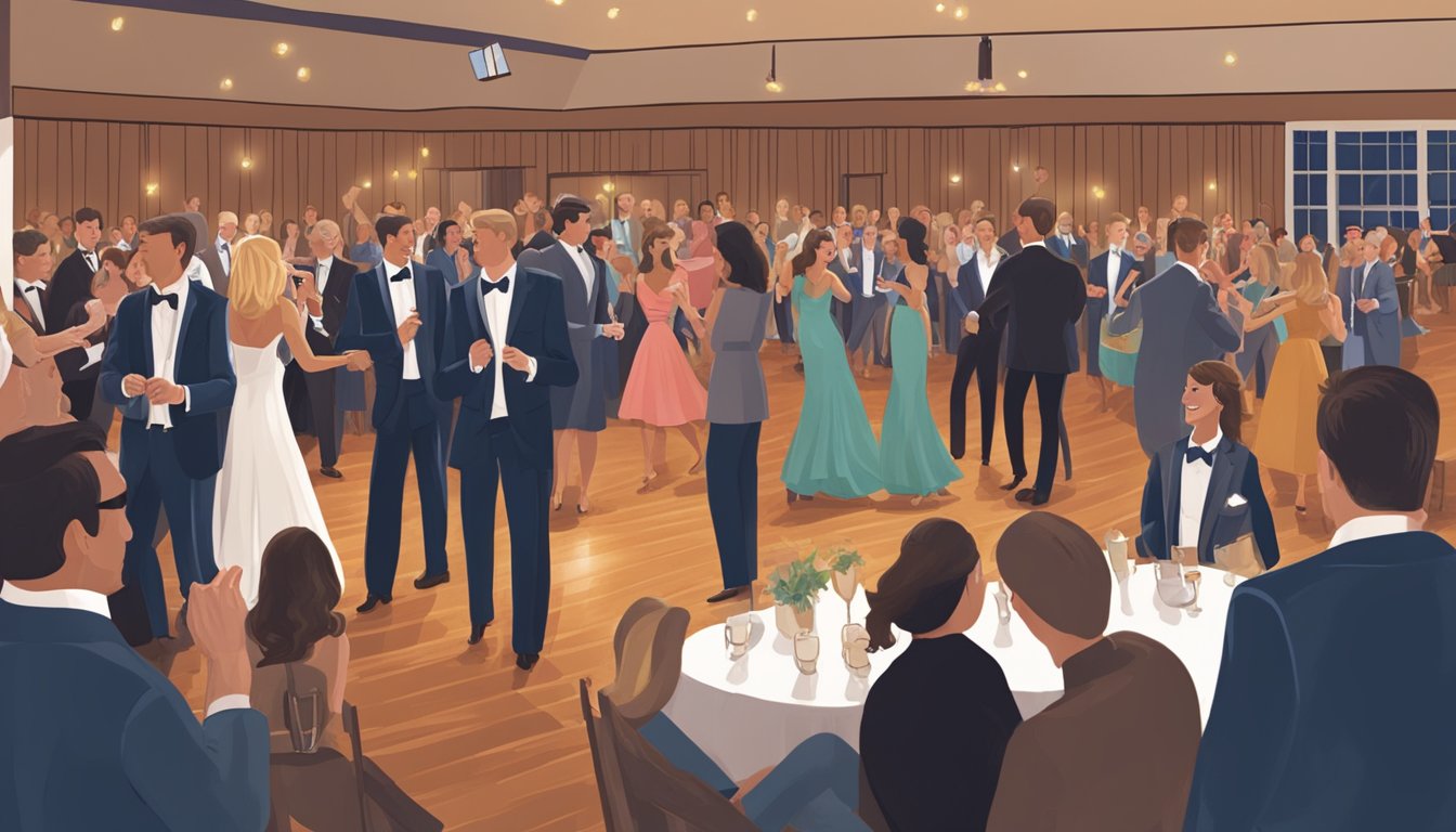 A high school reunion setting with a dance floor and a live band performing George Strait songs. Attendees are dressed in formal attire, laughing and reminiscing