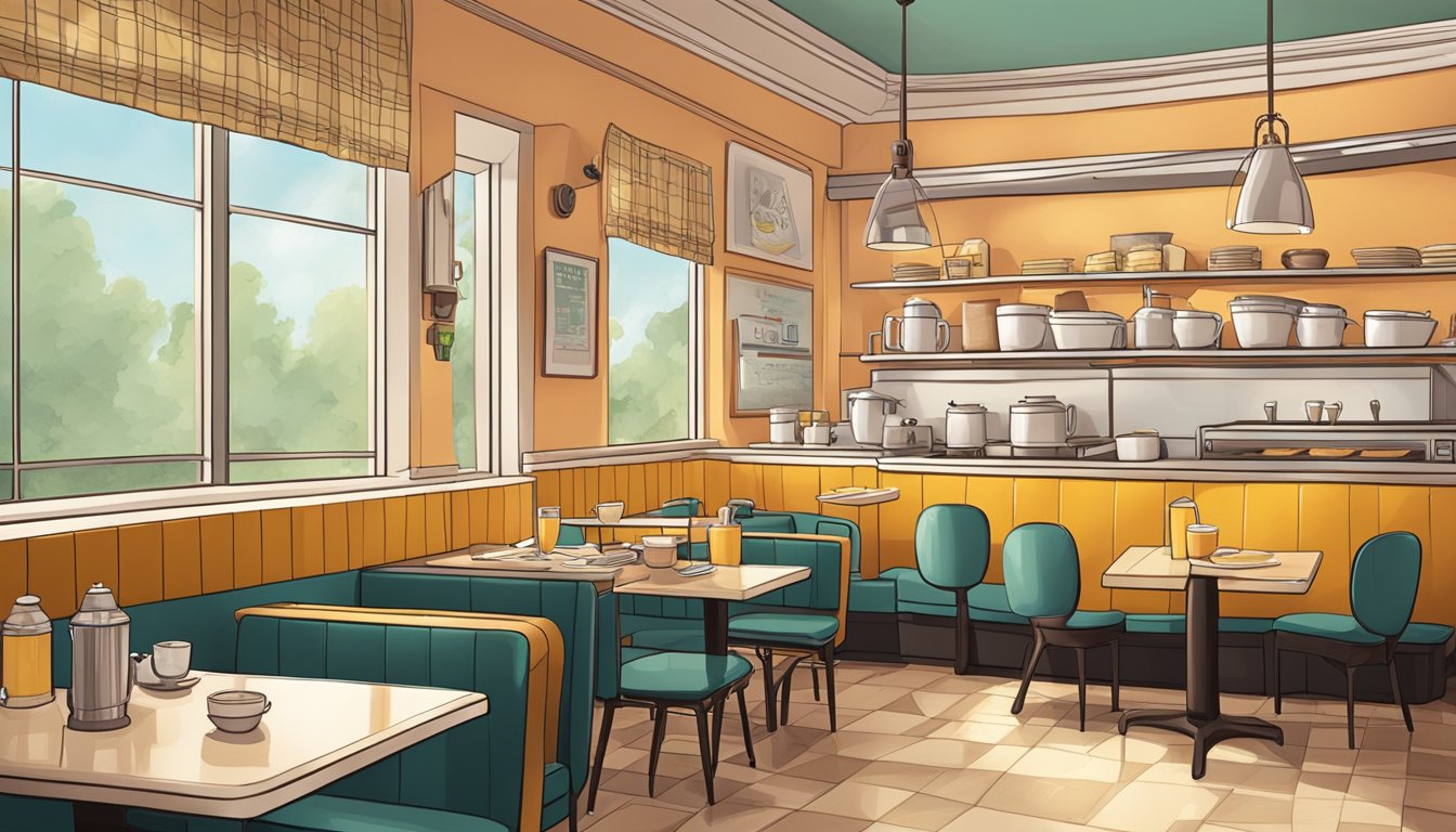 A cozy diner with a mix of classic and modern breakfast items, with a warm and inviting atmosphere