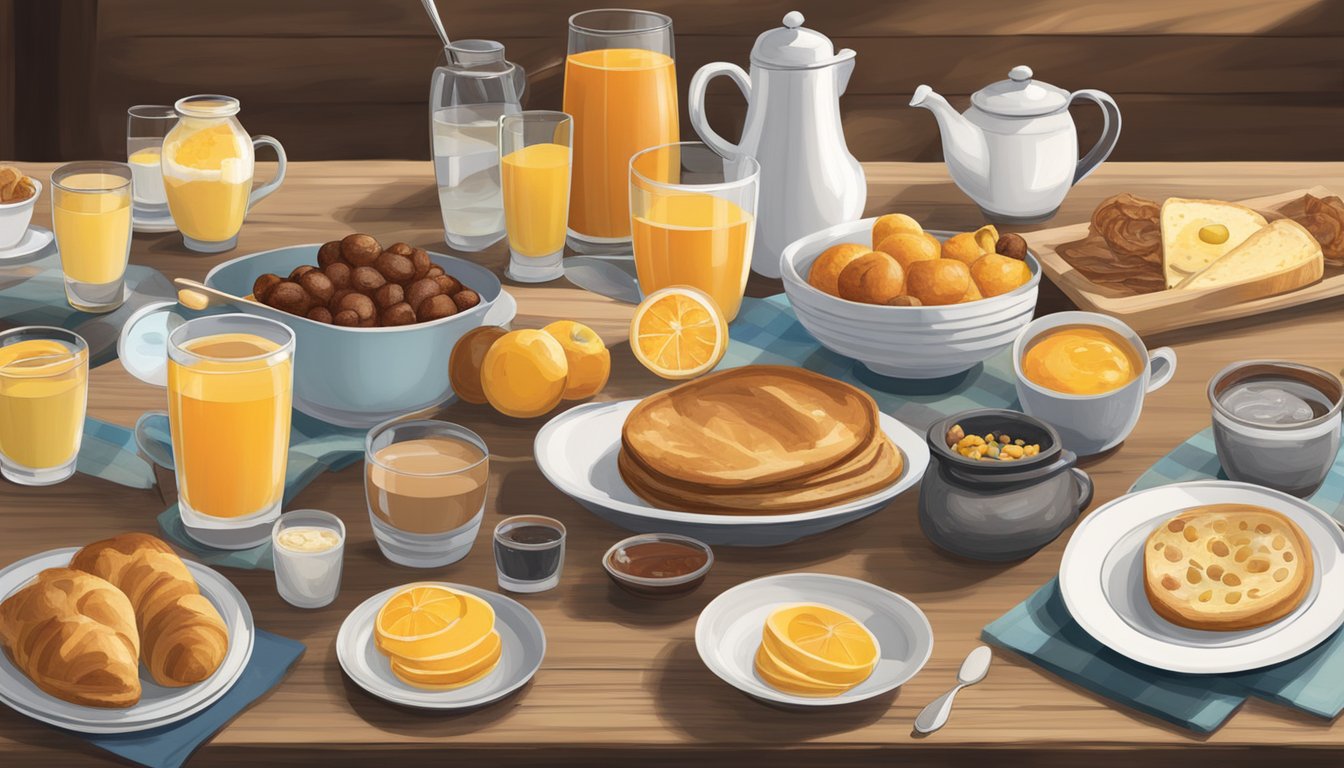 A rustic farmhouse table set with a spread of classic breakfast items alongside modern, artisanal beverages