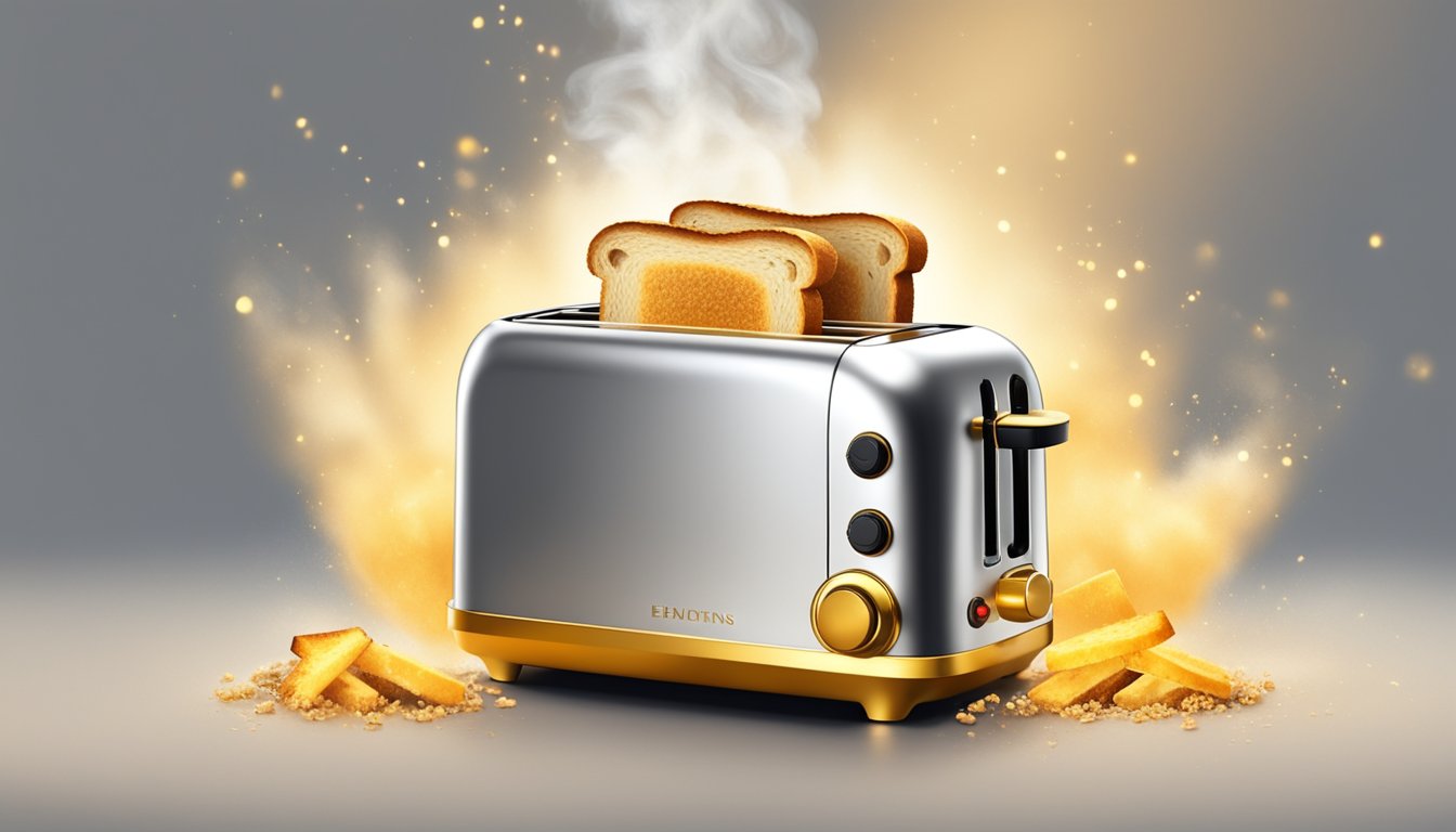 A golden toaster surrounded by steam, with slices of perfectly toasted breakfast bread popping out, emitting a tantalizing aroma