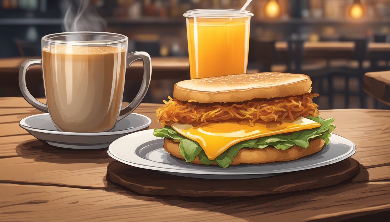 A sizzling breakfast sandwich sits on a rustic wooden table, surrounded by fresh orange juice, crispy hash browns, and a steaming cup of coffee