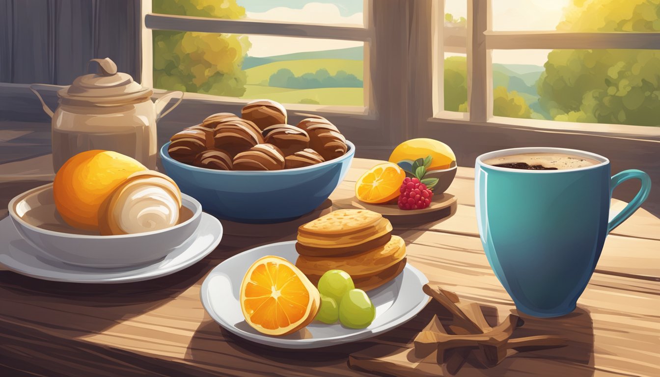 A sunny breakfast table with a steaming cup of coffee, freshly baked pastries, and a colorful fruit bowl, all arranged artfully on a rustic wooden surface