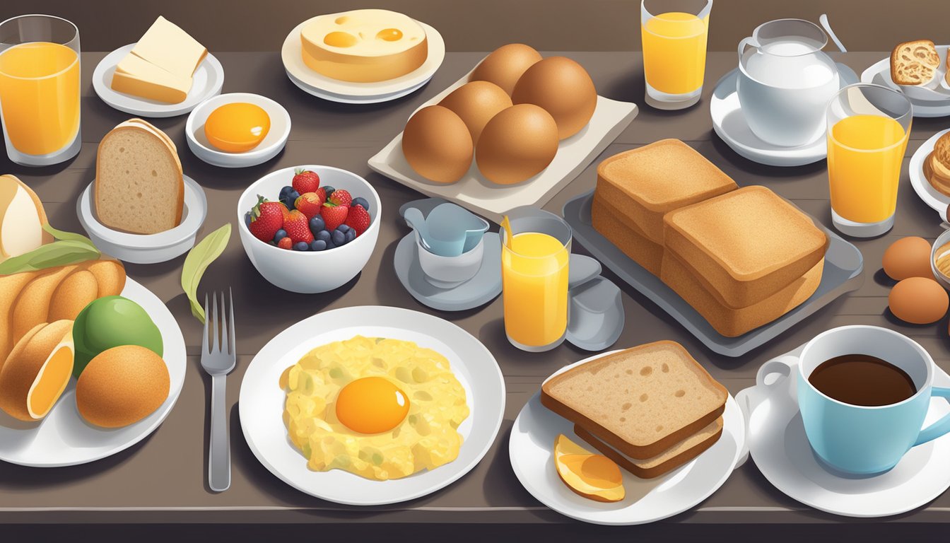 A diverse array of breakfast items, including fruit, eggs, and various breads, are arranged on a table with a focus on accommodating different dietary needs