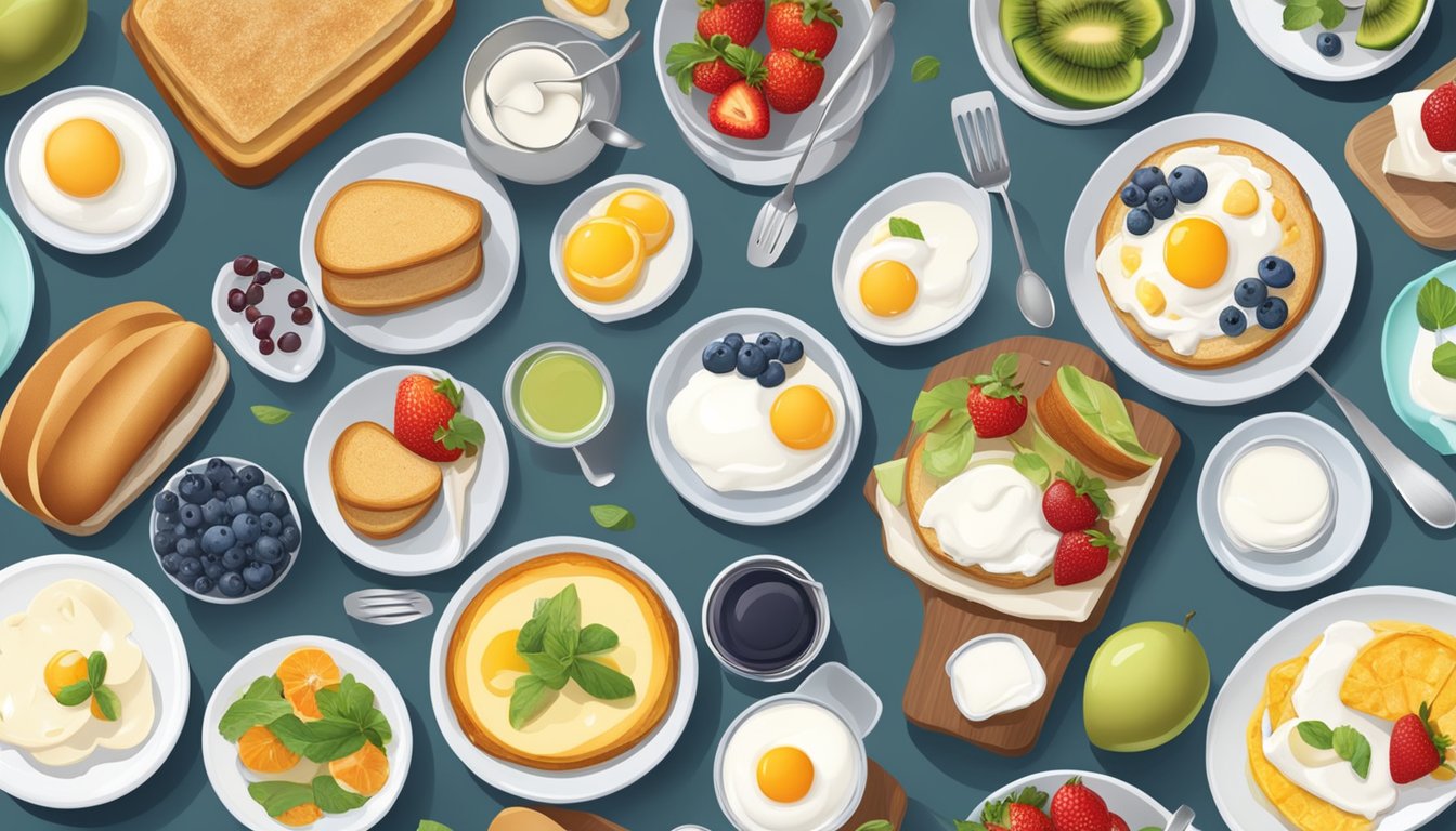 A table set with a variety of breakfast options, including fruits, eggs, toast, and yogurt, catering to different dietary restrictions