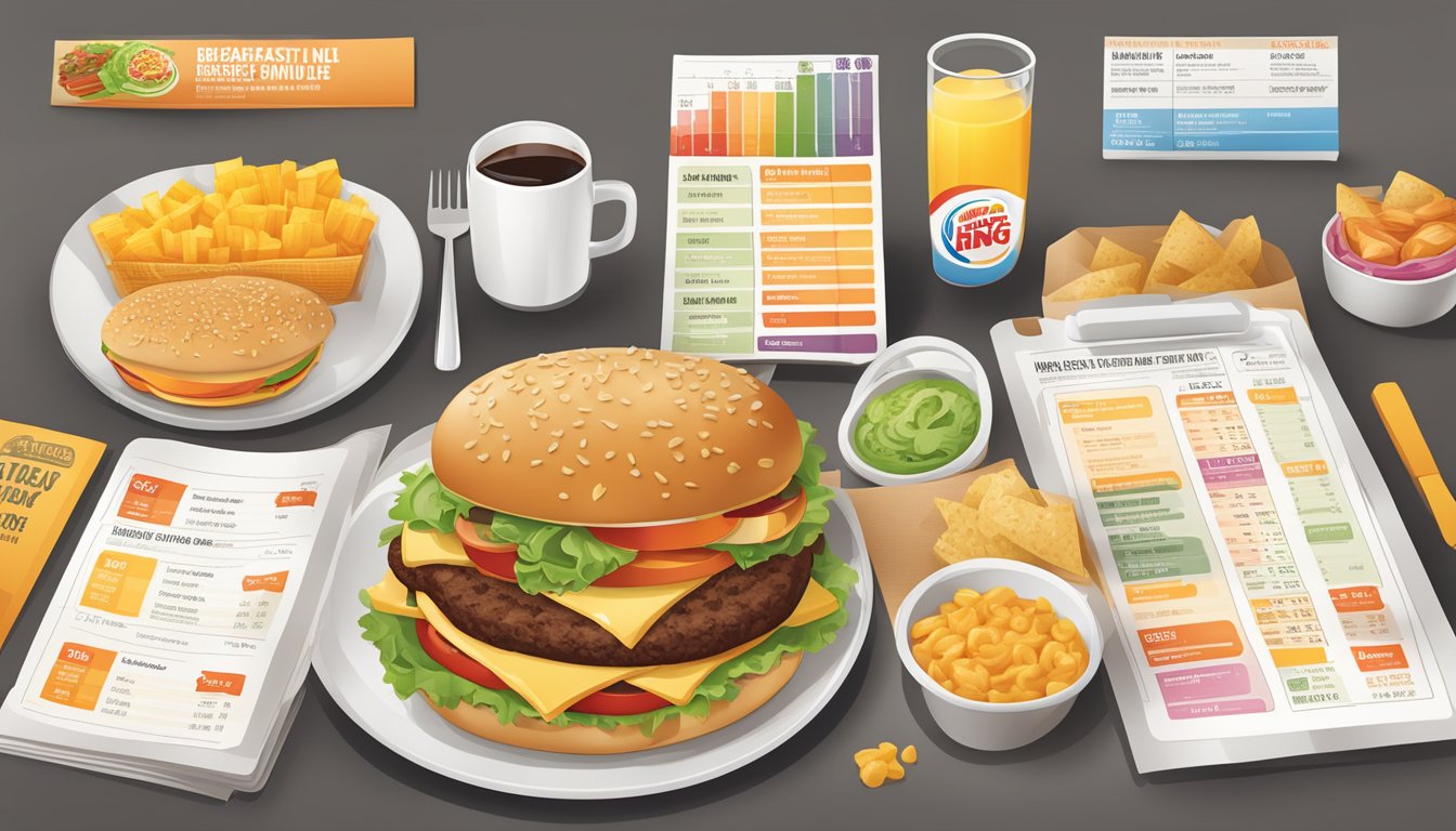 A table with a breakfast menu, nutritional charts, and a diet compatibility guide at a Burger King restaurant