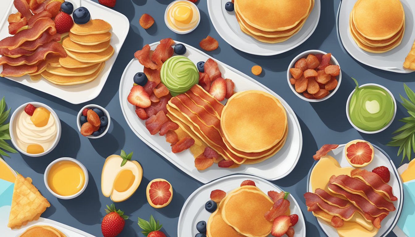 A colorful array of fresh fruits, crispy bacon, golden hash browns, and fluffy mini pancakes on a sleek, modern breakfast platter