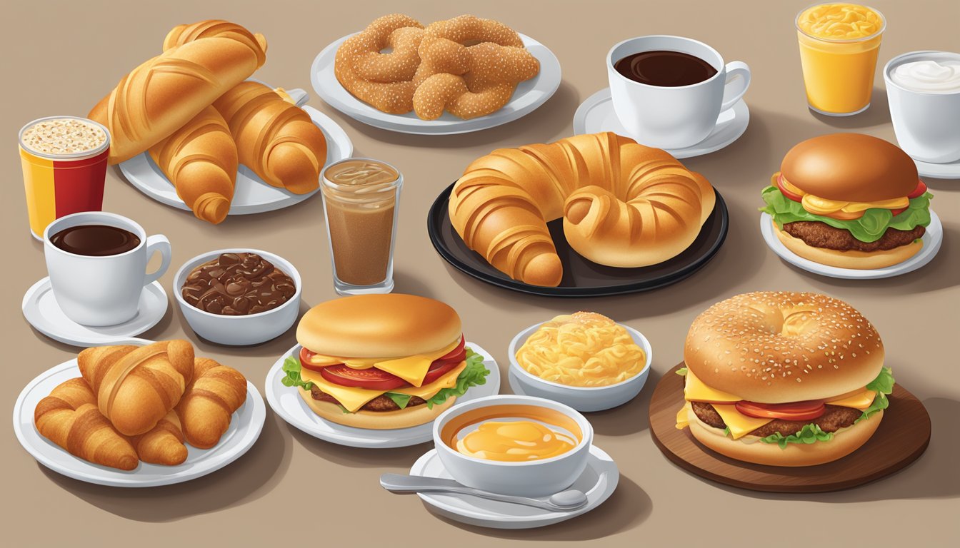 An array of international breakfast items from Burger King displayed on a table, including croissants, burritos, and different types of pastries