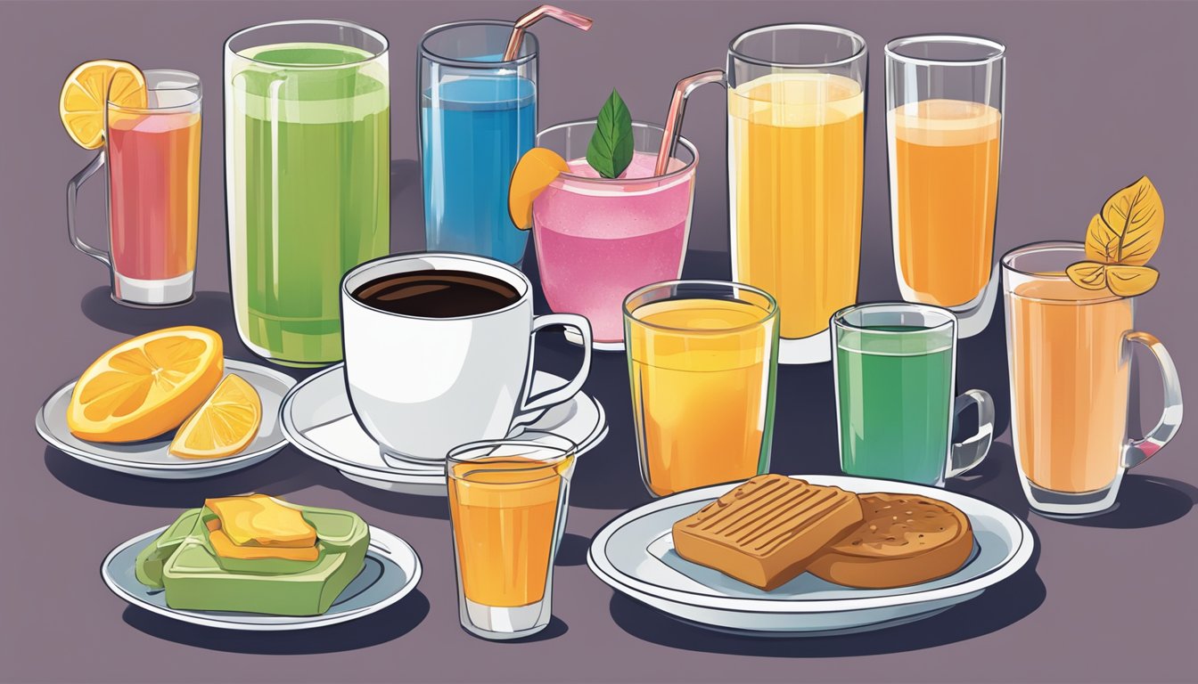 A colorful array of beverages, including coffee, tea, and juice, displayed on a breakfast menu with symbols indicating options for dietary restrictions