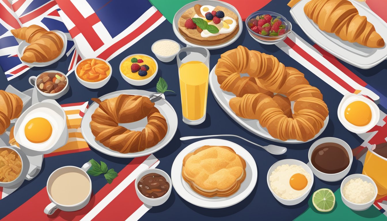 A table with a spread of international breakfast items, including croissants, rice bowls, and pastries, surrounded by flags from different countries