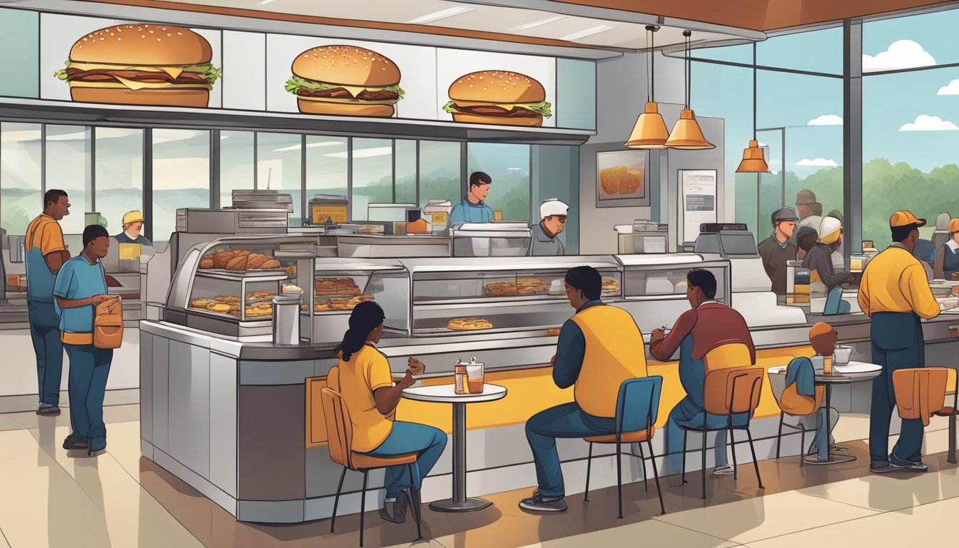 A fast-paced breakfast service at Burger King, with employees preparing and serving food, customers lining up, and the bustling atmosphere of a busy morning