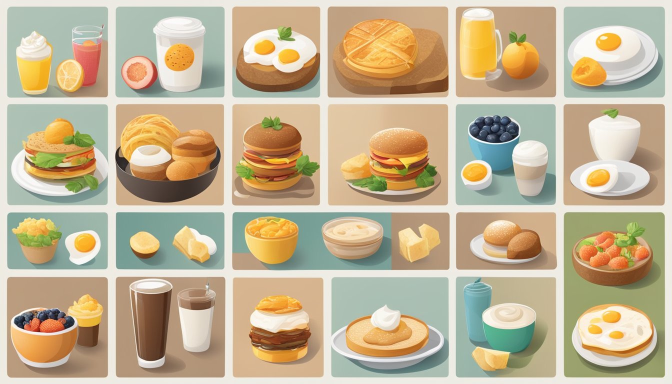 A diverse array of breakfast items displayed on a digital menu, with symbols denoting options for dietary restrictions. Easy online ordering buttons visible