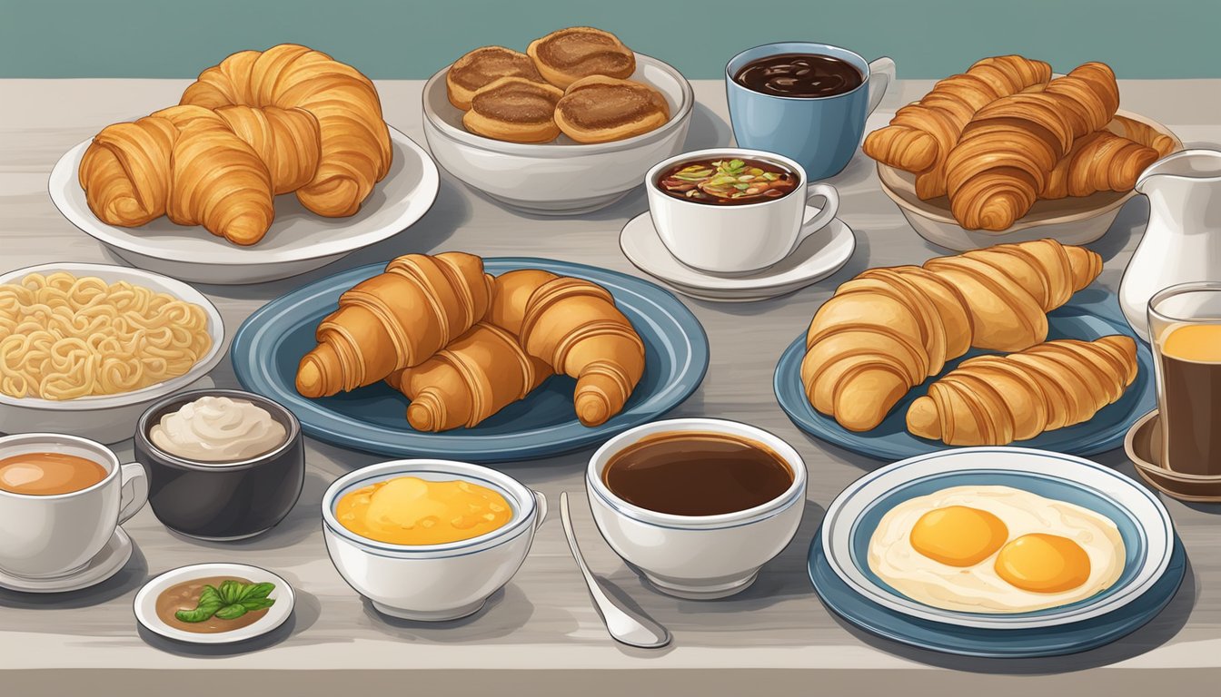 A table set with a variety of breakfast items from around the world, including croissants, miso soup, churros, and congee