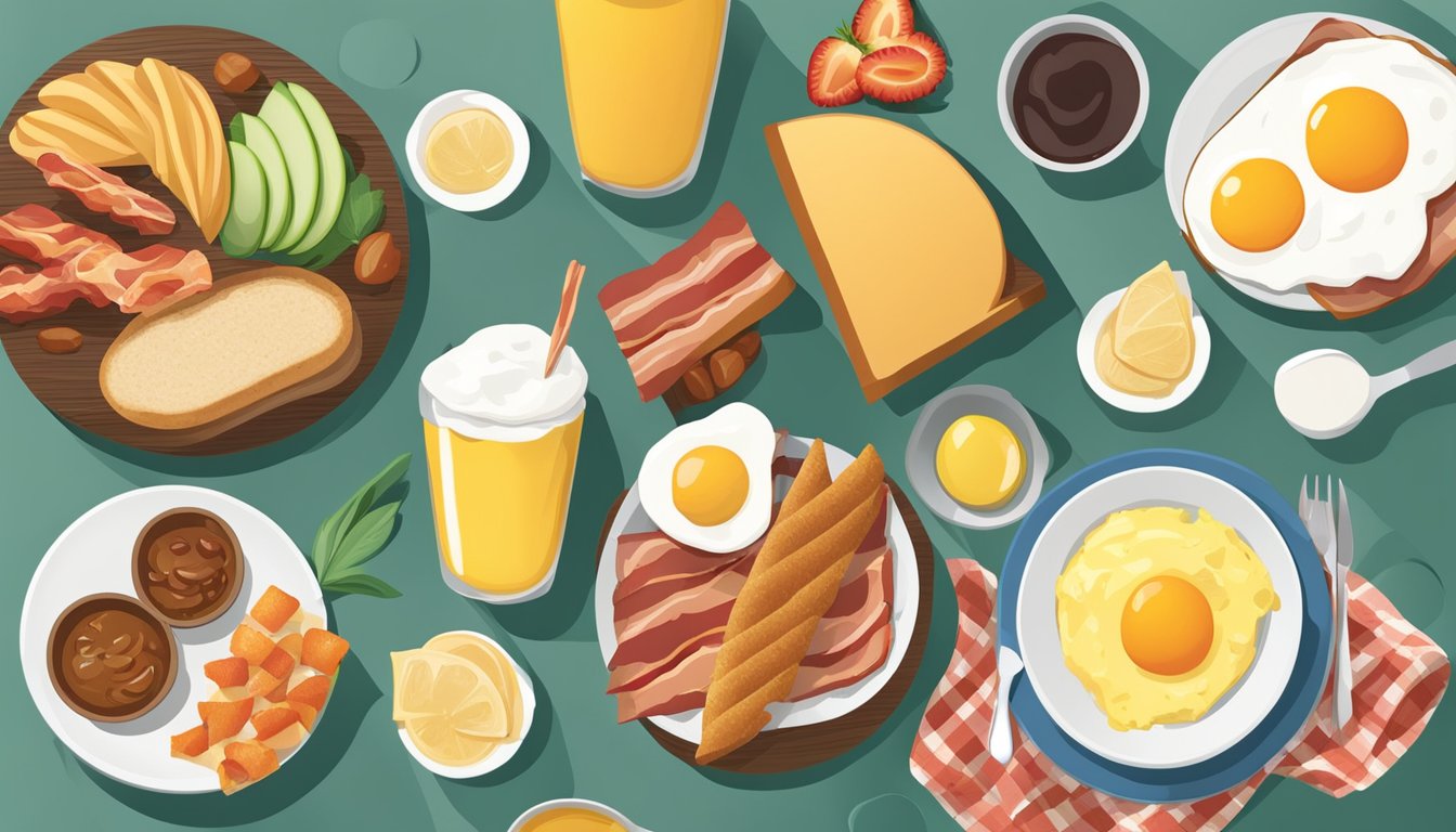 A diverse array of breakfast items, including eggs, bacon, fruit, and gluten-free options, displayed on a menu board with a modern and inviting design