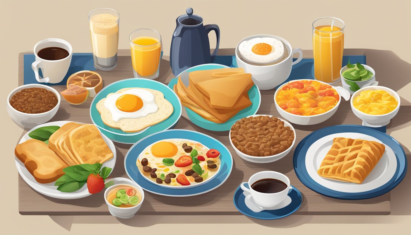 A table with various international breakfast items and beverages from around the world displayed in an inviting and colorful arrangement