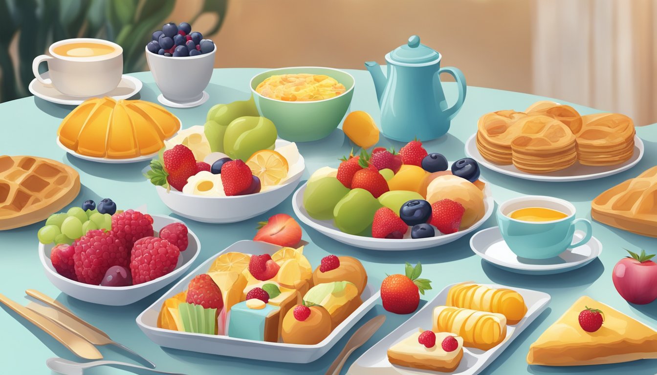 A table set with a variety of colorful pastries, fruits, and breakfast items, with a focus on accommodating different dietary restrictions