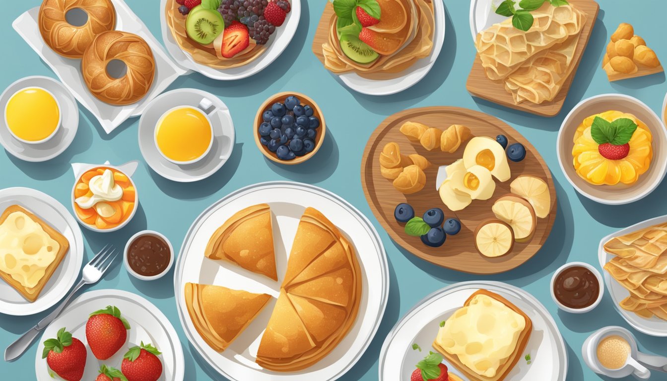 A table set with a variety of breakfast foods from different countries, including pastries, fruits, and hot dishes