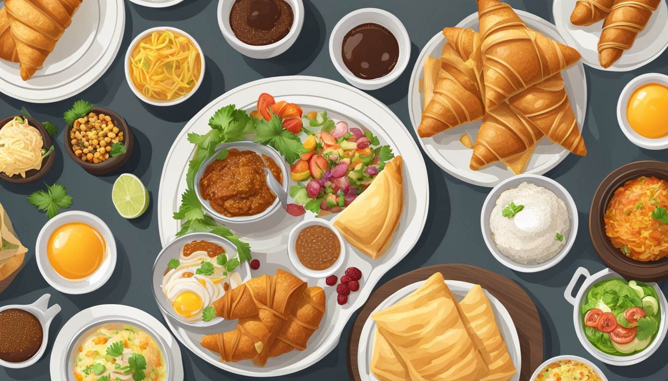 A table with various international breakfast dishes from different countries, including croissants, dim sum, chilaquiles, and masala dosa