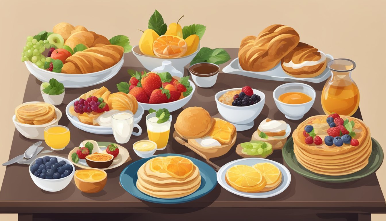 A table with a variety of breakfast dishes from different countries, including pastries, fruits, and traditional morning meals