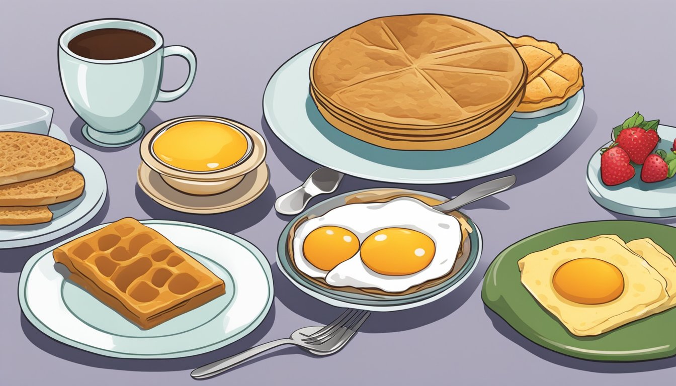 A table with two sets of breakfast items, one representing portion sizes from the past and the other representing current portion sizes