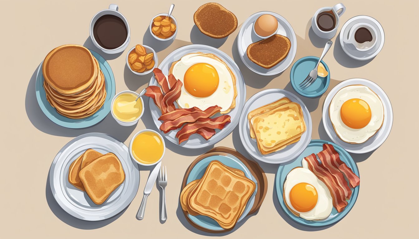 A table with a spread of classic breakfast items like pancakes, eggs, bacon, and toast, alongside smaller, modern portion sizes