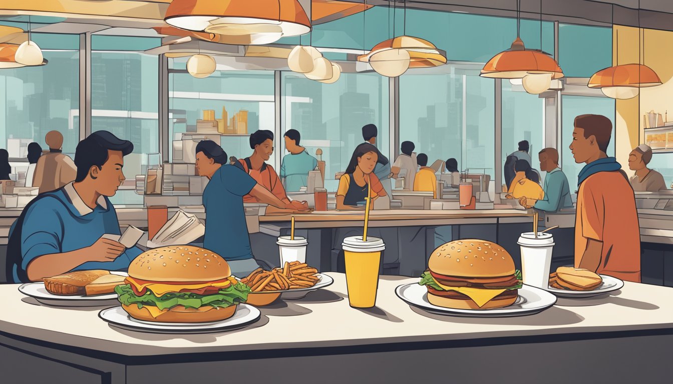 A bustling fast-food breakfast scene with BK's offerings prominently displayed, while competitors' menus are subtly overshadowed