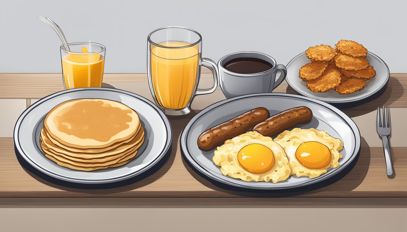 A plate with scrambled eggs, sausage, hash browns, and pancakes, accompanied by a side of syrup and a cup of orange juice