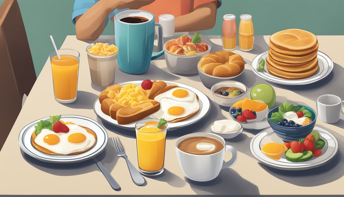 A table with two sets of breakfast portion sizes from BK, surrounded by various beverage options