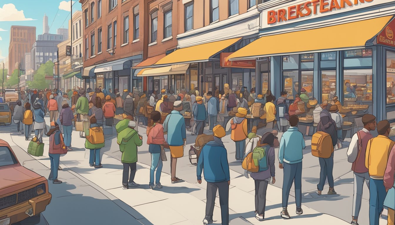 A bustling city street with various fast-food restaurants, a prominent Burger King storefront, and a line of customers eagerly waiting to try BK's new breakfast offerings