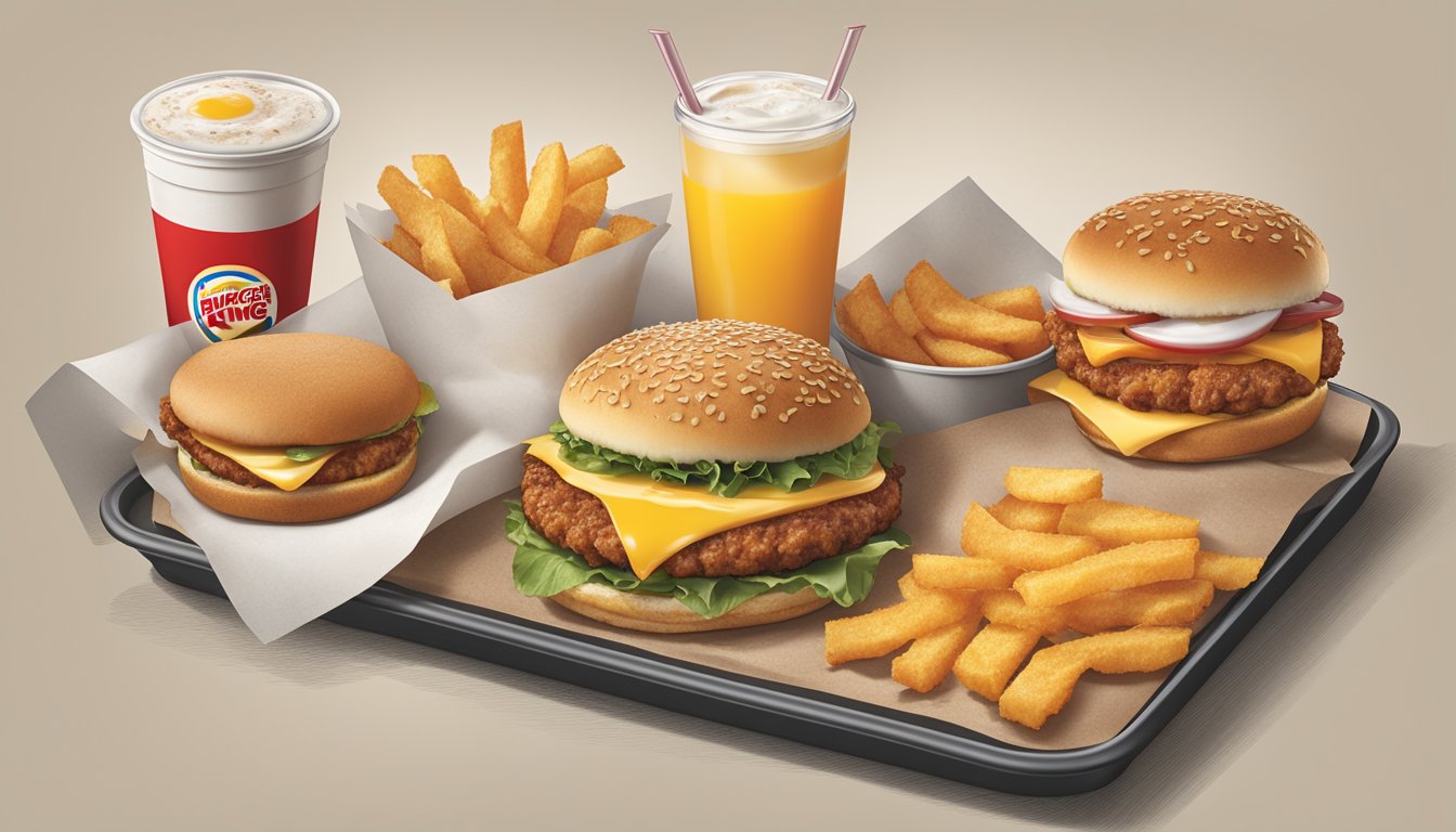 A table with a tray of breakfast items from Burger King, including a breakfast sandwich, hash browns, and a drink, with nutritional information displayed