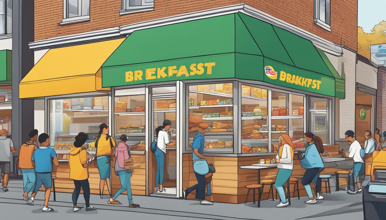 A bustling breakfast rush at BK with customers enjoying a variety of breakfast items. Competitor logos visible in nearby storefronts