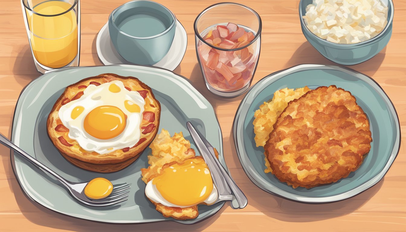 A table with a spread of breakfast items: eggs, bacon, hash browns, and a muffin, alongside a glass of orange juice