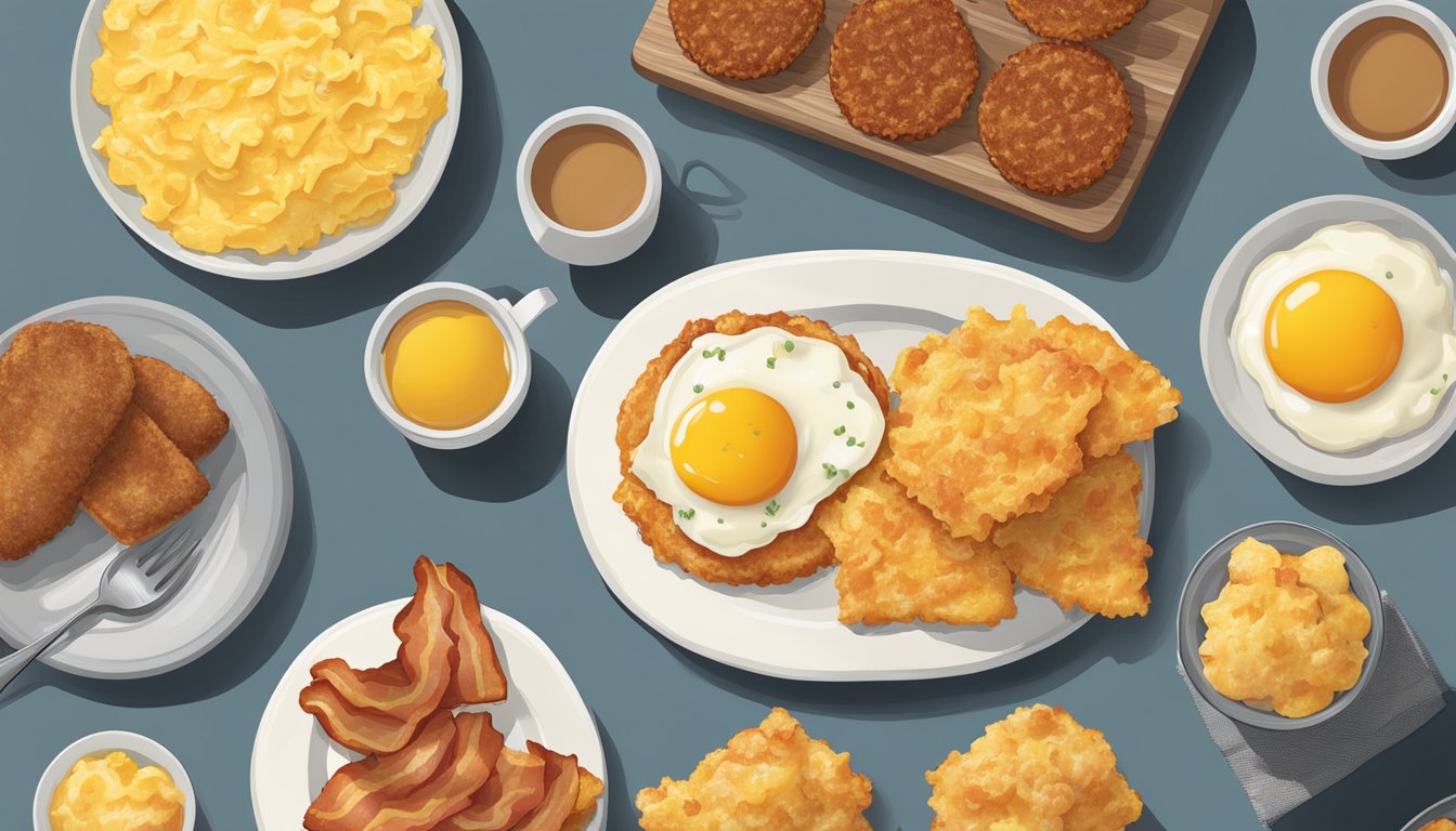 A spread of breakfast items: crispy bacon, fluffy scrambled eggs, golden hash browns, and a warm buttered biscuit