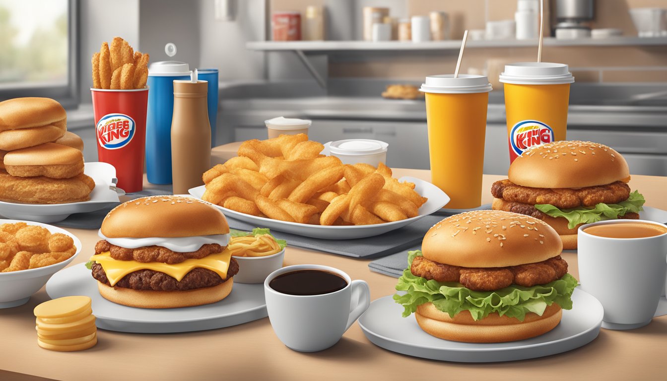 A line of Burger King breakfast items laid out on a counter, including croissants, hash browns, and coffee, with a uniform and consistent presentation across multiple locations