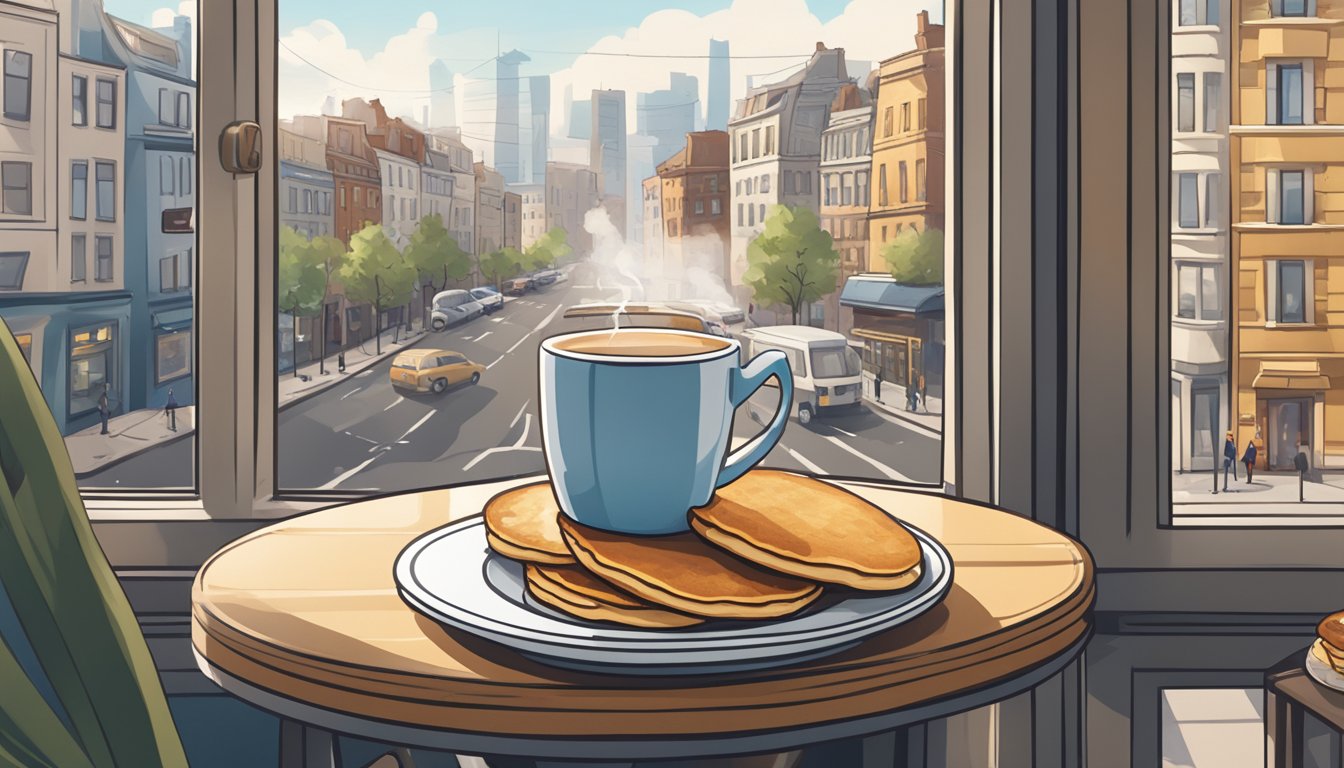 A table with a steaming cup of coffee, a plate of pancakes, and a loyalty card sitting next to a window overlooking a bustling city street