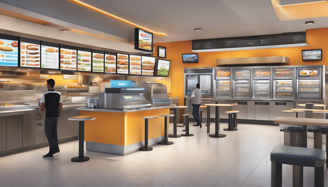 A modern, sleek ordering kiosk stands in the center of a bustling Burger King breakfast location, surrounded by digital menu boards and high-tech kitchen equipment