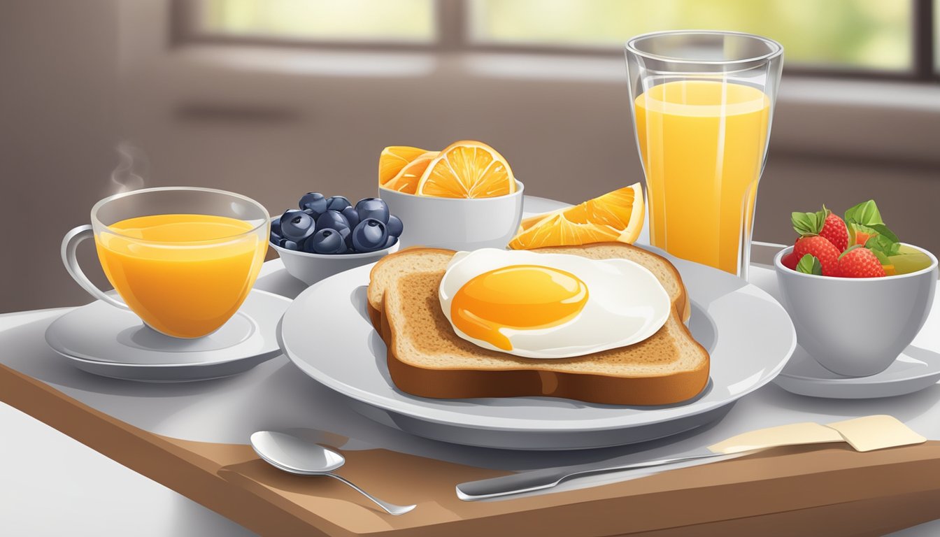 A table set with a balanced breakfast of eggs, fruit, and whole grain toast, with a cup of coffee and a glass of orange juice