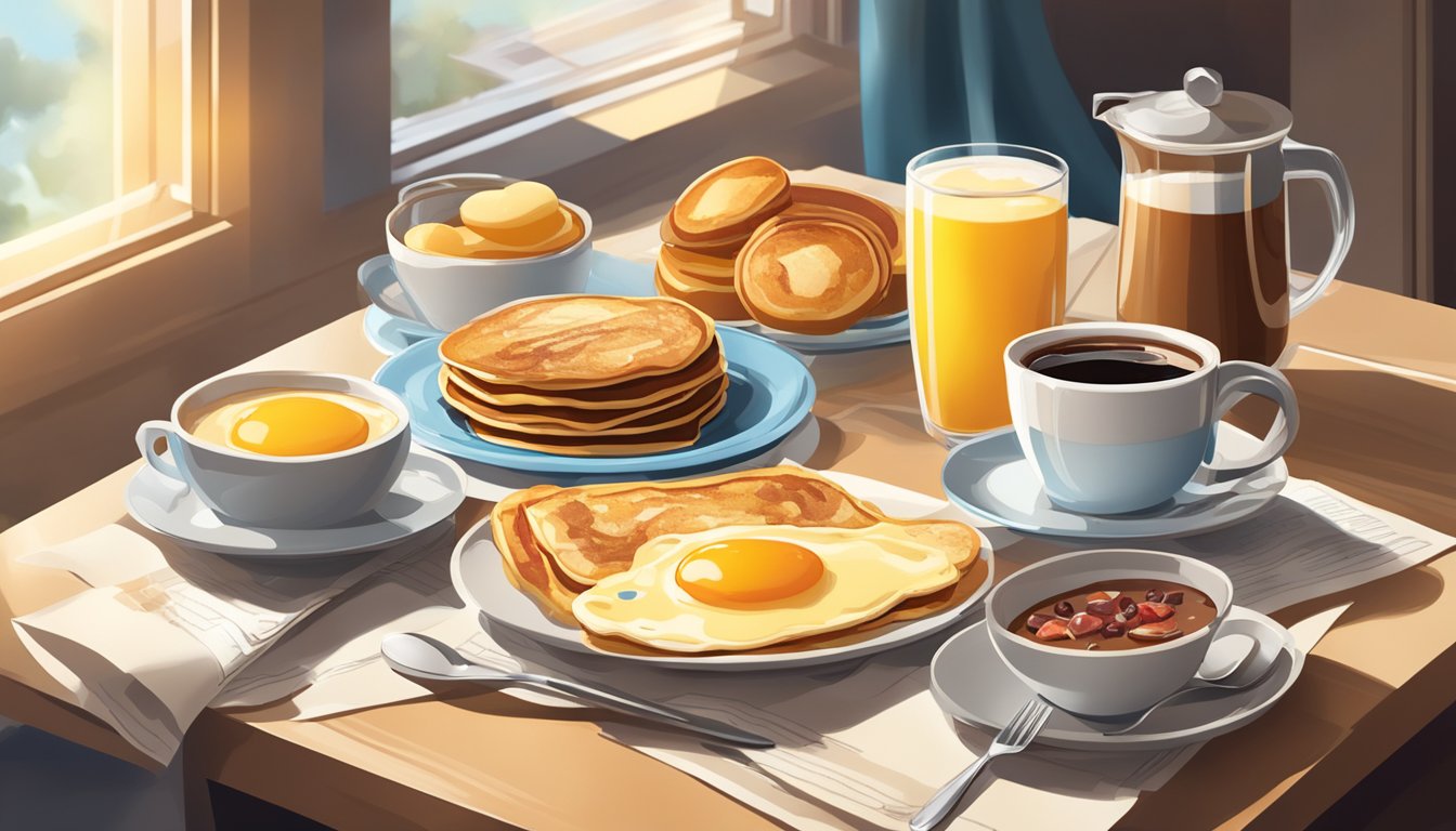 A table set with a variety of breakfast items, including pancakes, eggs, bacon, and coffee, with a newspaper and morning sunlight streaming in through the window