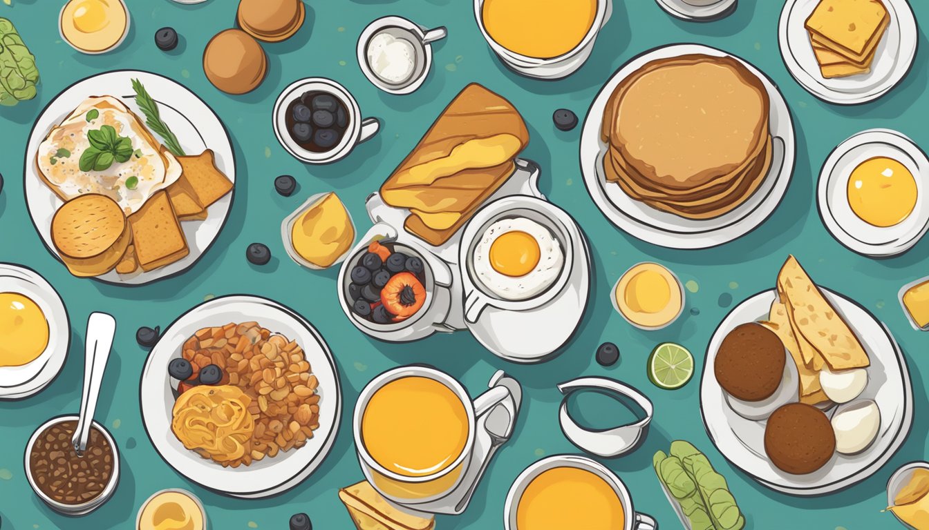 A breakfast loyalty card surrounded by various breakfast items, with arrows pointing to customizable options