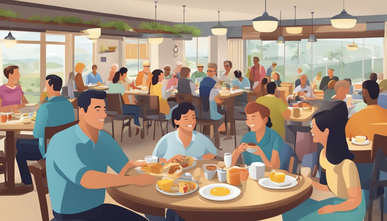 A bustling breakfast diner with families, young professionals, and retirees enjoying a variety of morning dishes. A diverse mix of customers and menu options