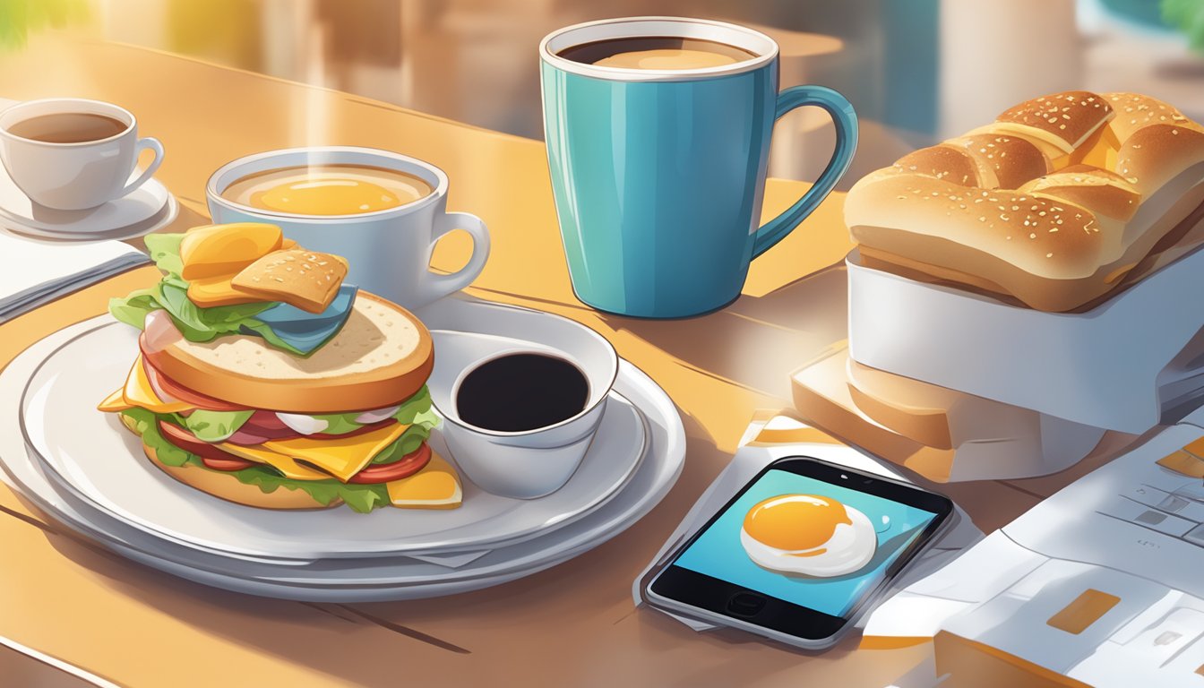 A sunny breakfast table with a smartphone displaying the Digital Advantages BK's Breakfast Loyalty Program, alongside a steaming cup of coffee and a delicious breakfast sandwich