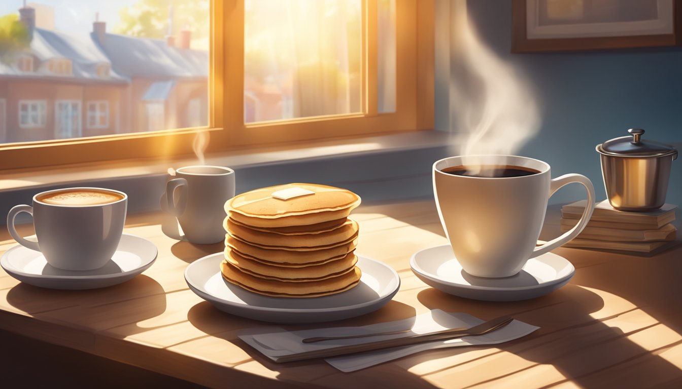 A table with a steaming cup of coffee, a plate of pancakes, and a loyalty card on the side. Rays of morning sunlight streaming in through a window