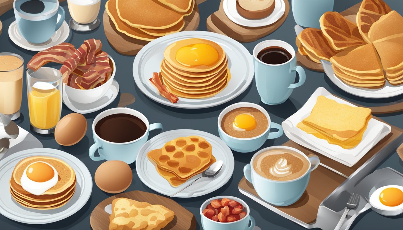 A table set with a variety of breakfast items, including pancakes, eggs, bacon, and coffee, surrounded by modern kitchen appliances