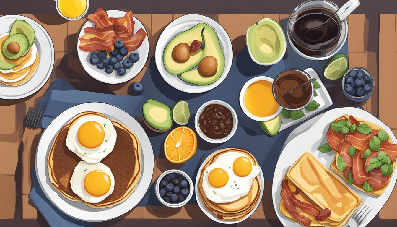 A table set with a classic American breakfast spread, including pancakes, eggs, bacon, and orange juice, with a modern twist of avocado toast and acai bowls