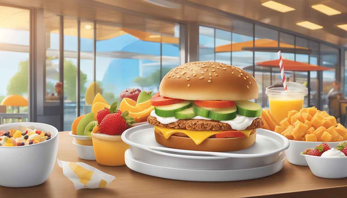 A colorful array of fresh fruits, whole grain bread, and yogurt parfait displayed alongside classic breakfast sandwiches at a Burger King restaurant