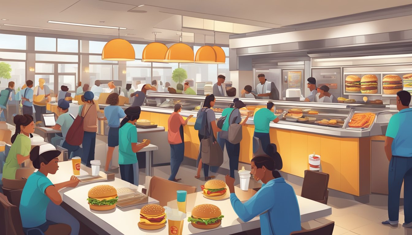 A bustling fast-food breakfast scene with customers ordering at a Burger King counter, while workers rush to prepare and serve new menu items