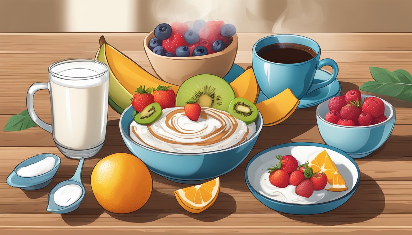 A colorful array of fresh fruits, whole grain bread, and yogurt on a modern breakfast table, alongside a steaming cup of coffee