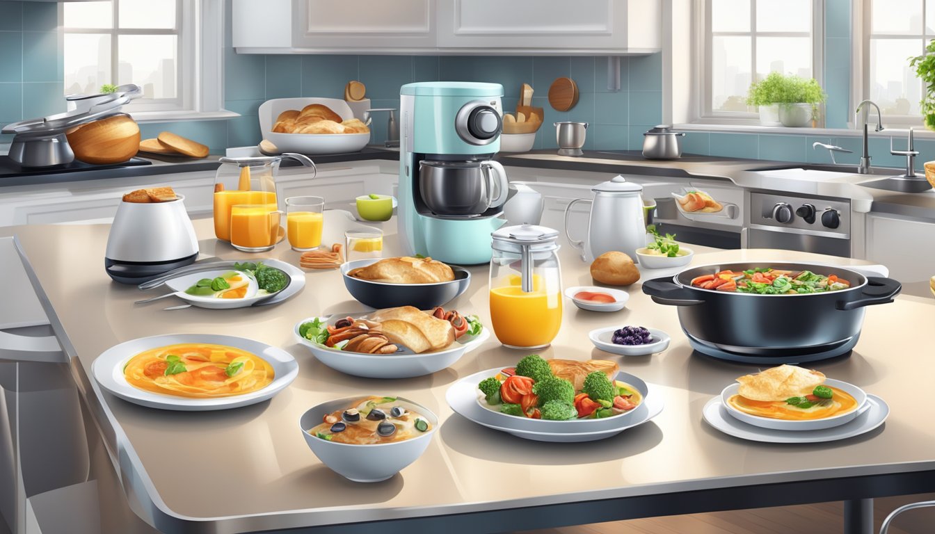 A modern breakfast table with a variety of international and fusion dishes, surrounded by futuristic kitchen appliances and technology