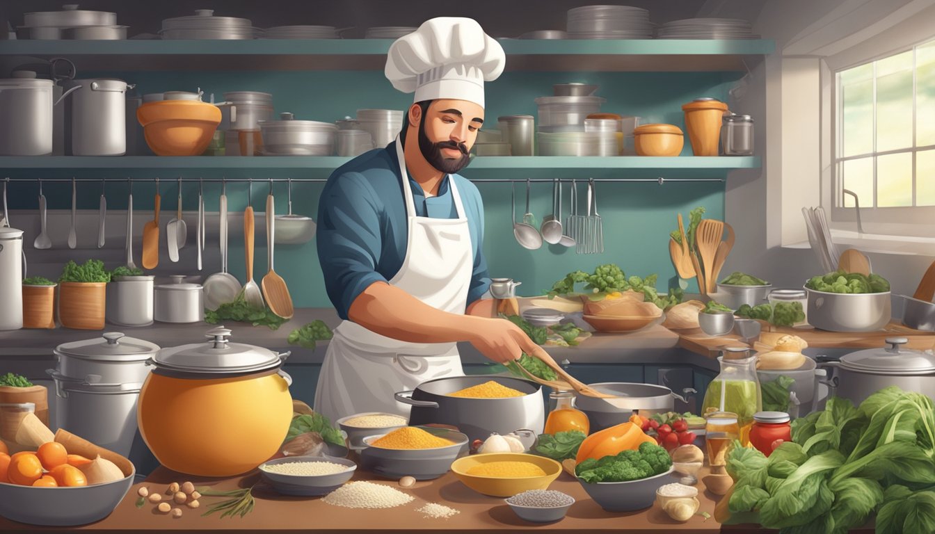 A chef experimenting with local ingredients and flavors in a bustling kitchen, surrounded by various cooking utensils and ingredients