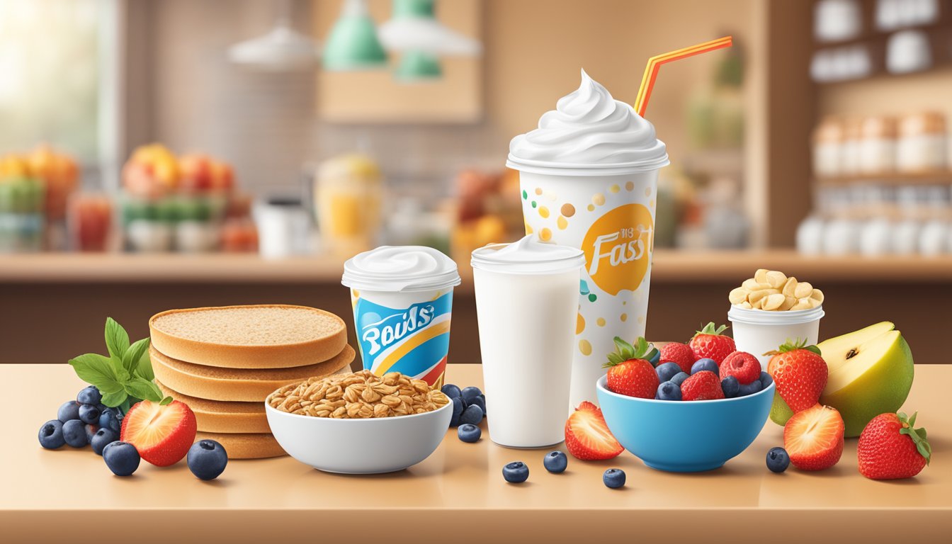 A vibrant breakfast spread with fresh fruits, whole grain cereals, and yogurt displayed next to a logo of a well-known fast food chain