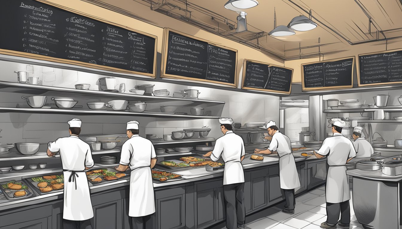 A bustling restaurant kitchen with chefs preparing and plating new breakfast items. A chalkboard displays the menu with a "New!" section highlighted